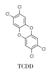 TCDD polychlorinated dibenzodioxin pollutant molecule (commonly called dioxin). Byproduct formed during incineration of chlorine-containing materials. Skeletal formula.