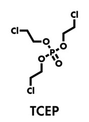 TCEP [tris(2-chloroethyl) phosphate] molecule. Used as flame retardant and plasticizer in production of polymers. Suspected to have toxic effect on reproduction. Skeletal formula.