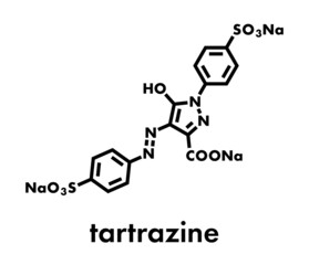 Tartrazine (E102) food dye molecule. Yellow azo dye used in food, beverages, pharmaceuticals, etc. Allergenic. Skeletal formula.