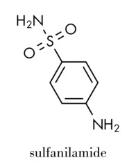 Sulfanilamide (sulphanilamide) sulfonamide antibiotic molecule. One of the first antibiotics discovered. Skeletal formula.