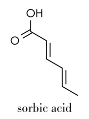 Sorbic acid food preservative molecule. Sorbate (sodium, potassium, calcium) also used for same purpose. Skeletal formula.