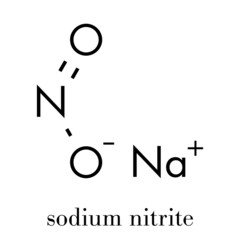 Sodium nitrite, chemical structure. Used in the curing of meat. Skeletal formula.