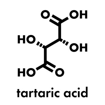 Tartaric acid (dextrotartaric acid) molecule. Acid present in wine, added as oxidant additive E334 to food. Skeletal formula.