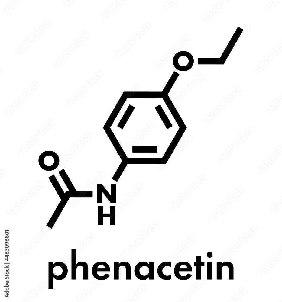 Sticker phenacetin banned painkiller drug. found to cause cancer and kidney damage. skeletal formula.