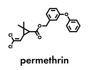 Fototapeta premium Permethrin pyrethroid insecticide. Used to treat scabies and head lice in humans. Used to impregnate mosquito nets and in flea collars for dogs. Skeletal formula.
