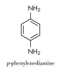 p-Phenylenediamine (PPD) hair dye molecule. Also precursor in polymer synthesis. Known contact allergen, possibly carcinogenic. Skeletal formula.