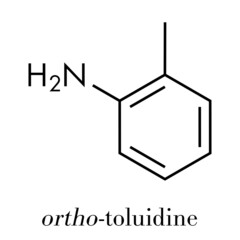 Toluidine (ortho-toluidine, 2-methylaniline) molecule. Suspected to be carcinogenic. Skeletal formula.