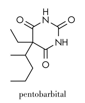 Pentobarbital (pentobarbitone) barbiturate sedative, chemical structure Skeletal formula.