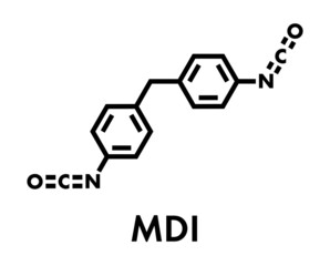 Methylene diphenyl diisocyanate molecule (MDI), polyurethane (PU) building block. Skeletal formula.