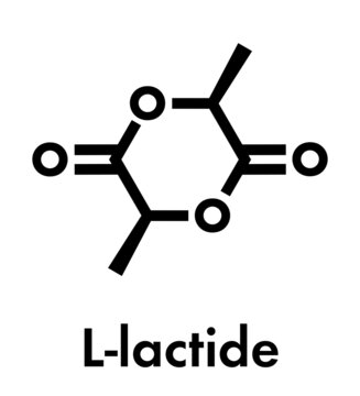 L-lactide PLA precursor molecule. Used in synthesis of polymeric polylactic acid (polylactide, polylactate) plastic. Skeletal formula.