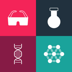 Set pop art Molecule, DNA symbol, Test tube and flask and Safety goggle glasses icon. Vector