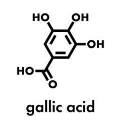 Gallic acid (trihydroxybenzoic acid) molecule. Present in many plants, including oak, tea and sumac. Both in the free form and is part of tannin compounds. Skeletal formula.