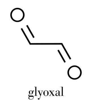 Glyoxal dialdehyde molecule. Present in fermented food and beverages. Many applications in chemical industry. Skeletal formula.