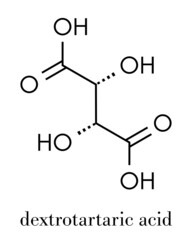 Tartaric acid (dextrotartaric acid) molecule. Acid present in wine, added as oxidant additive E334 to food. Skeletal formula.