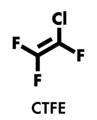Chlorotrifluoroethylene (CTFE) refrigerant molecule and polychlorotrifluoroethylene plastic building block. Skeletal formula.