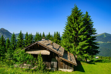 A traditional wooden building in mountains of Alps in summer in Portes du Soleil, France, Europe