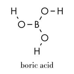Boric acid molecule. Also known as hydrogen borate, boracic acid, orthoboric acid and acidum boricum. Skeletal formula.