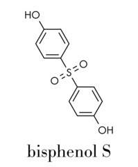 Bisphenol S (BPS) plasticizer molecule. Used as curing agent in epoxy glues and as alternative to BPA. Skeletal formula.