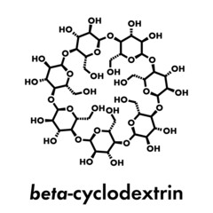 Beta-cyclodextrin molecule. Used in pharmaceuticals, food, deodorizing products, etc. Composed of glucose molecules. Skeletal formula.