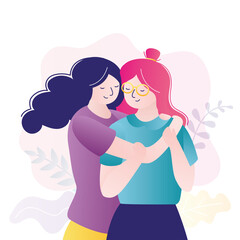 Colorful portrait of two best friends. Cute homosexual couple hugging. Women hug each other