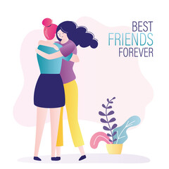 Best friends forever. Cute homosexual couple hugging. Women hug each other. Female friendship. Meeting with loved one. Lovers together with smiling faces.