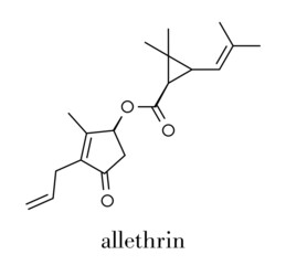 Allethrin pyrethroid insecticide. Synthetic analog of chrysanthemum flower chemical. Often used against mosquitos. Skeletal formula.