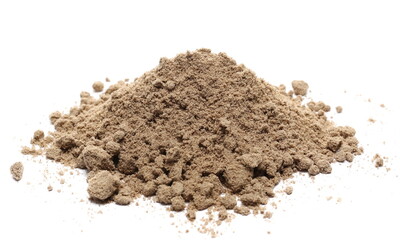 Organic linseed protein powder pile isolated on white  