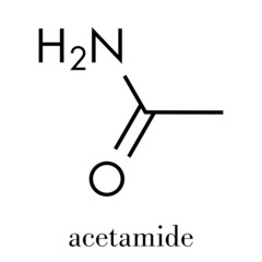 Acetamide (ethanamide) molecule. Used as plasticizer and industrial solvent. Carcinogenic (known to cause cancer). Skeletal formula.