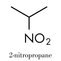 Nitropropane (2-nitropropane, 2-NP) chemical solvent molecule. Used as solvent in production of ink, polymers, coatings, adhesives, etc. Skeletal formula.