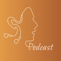 Podcast Logo. Wired headphones in the shape of a face. Vector image color background