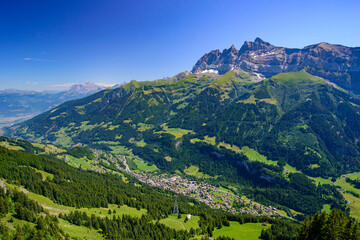 View of Champéry in summer, a town in Alps in Switzerland, Europe