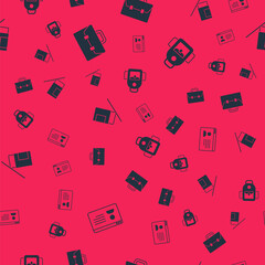 Set Online class, Briefcase, Eraser or rubber and School backpack on seamless pattern. Vector