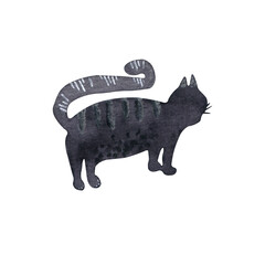 Watercolor black cat with stripes
