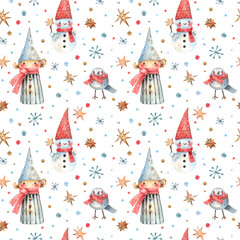 Christmas seamless pattern with elves, snowmen, birds, stars and snowflakes. Hand drawn watercolor texture for New Year or Christmas decor. Christmas background with cute characters.