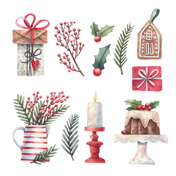 Collection of Christmas watercolor elements isolated on white background. Christmas cupcake, box with a gift, spruce branches, mistletoe, candle by hand drawn in watercolor. 