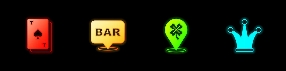 Set Playing card with spades, Alcohol bar location, Casino slot machine clover and Joker playing icon. Vector