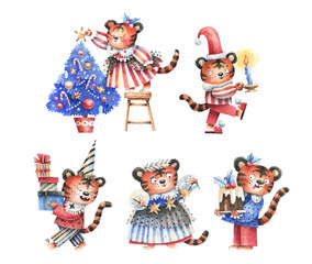 Collection of New Year characters tigers in carnival costumes. Watercolor illustration. Tigers with Christmas tree, garland, cupcake and New Year gifts.