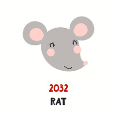 Cute cartoon rat face, Asian zodiac sign, astrological symbol, isolated on white. Hand drawn vector illustration. Flat style design. 2032 Chinese New Year card, banner, poster, horoscope element.