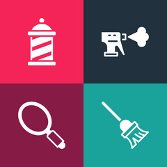 Set pop art Mop, Hand mirror, Hairdresser pistol spray bottle and Barber shop pole icon. Vector