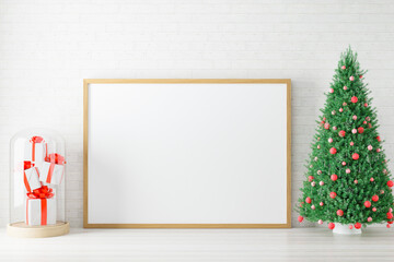 Mockup poster photo frame with christmas decoration.