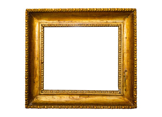 Isolated photo of golden colored empty picture frame hanging on gray wall.