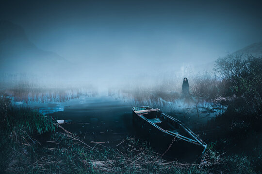 Abandoned wooden boat on haunted lake shore with female ghost spirit emerging on it.