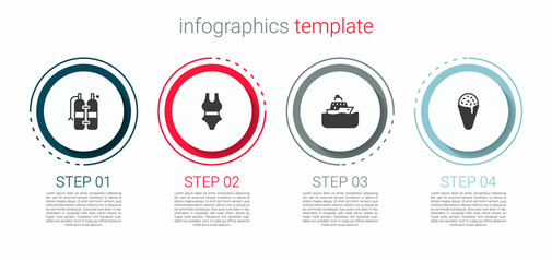 Set Aqualung, Swimsuit, Cruise ship and Ice cream in waffle cone. Business infographic template. Vector