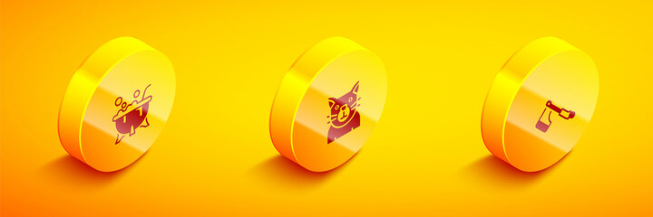 Set Isometric Halloween witch cauldron, Cat and Wooden axe icon. Vector