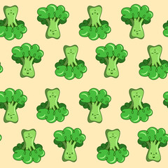 Seamless pattern cute cartoon character broccoli, tiles for decoration textile or childish goods