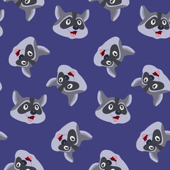 Fototapeta premium Seamless pattern raccoon muzzle purple background, tiles for textile decoration, packaging and wallpaper, vector