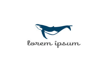 Simple Minimalist Blue Swimming Humpback Whale Logo Design Vector