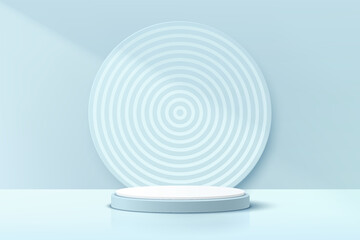Obraz premium Abstract realistic 3D white and blue cylinder pedestal podium with circle spiral pattern backdrop. Pastel blue minimal wall scene for product display presentation. Vector geometric rendering platform.