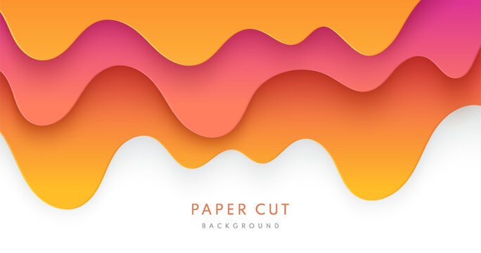 Abstract yellow, orange and sweet pink paper cut wavy shapes layers on white background. Vector background with yellow honey or melting caramel syrup. Flow of sweet sticky liquid. Vector illustration