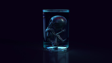 Homunkulus: AI Cyborg Embryo/Fötus Präparat im Glas vor dunklem Hintergrund (solo) | Kybernetik / Transhumanismus / Alchemie Konzept Art [3D Render Illustration]